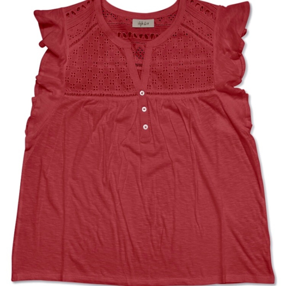 Style & Co Coral Eyelet Flutter Top